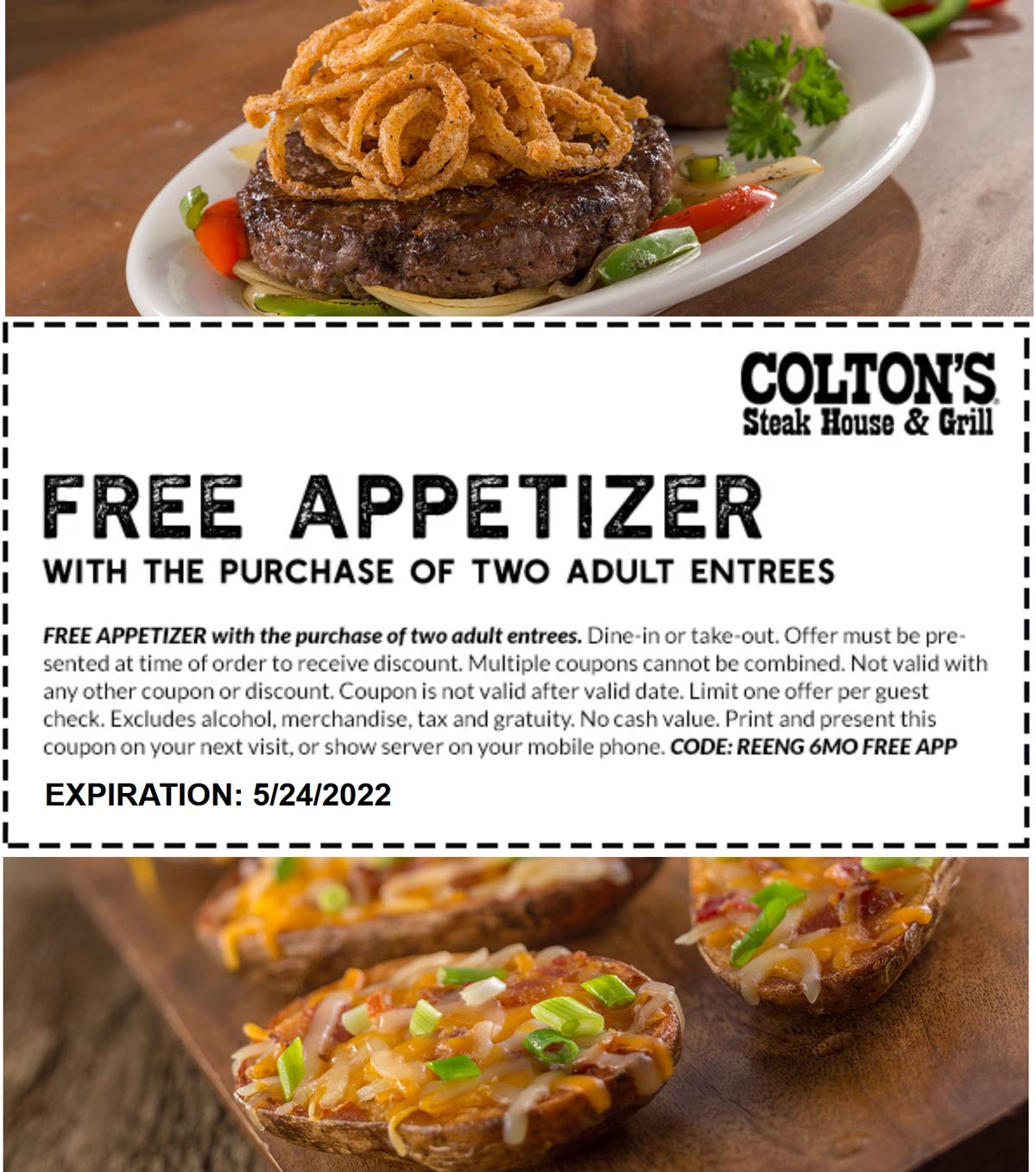Coltons restaurants Coupon  Free appetizer with your entrees at Coltons Steak House & Grill #coltons 