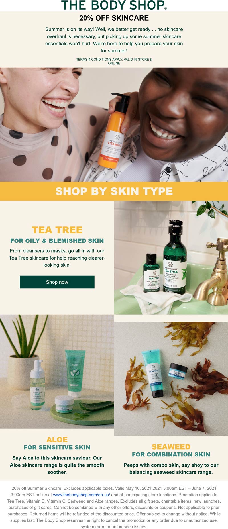 The Body Shop stores Coupon  20% off summer skincare at The Body Shop, ditto online #thebodyshop 