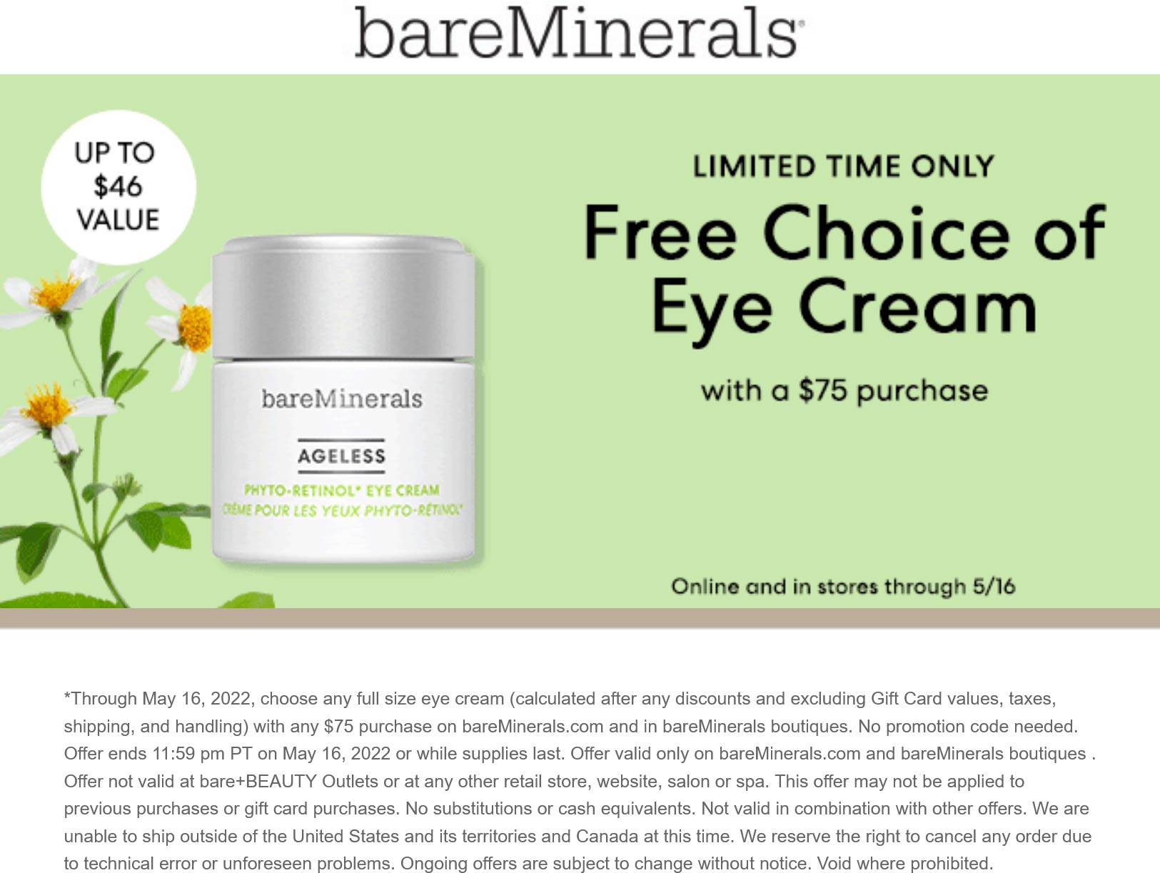 bareMinerals restaurants Coupon  Free eye cream on $75 at bareMinerals, ditto online #bareminerals 
