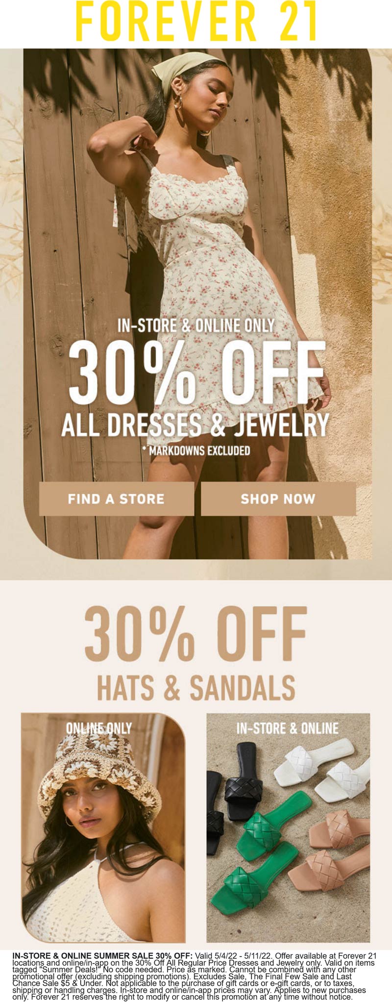 Forever 21 stores Coupon  30% off dresses & jewelry today at Forever 21, ditto online #forever21 