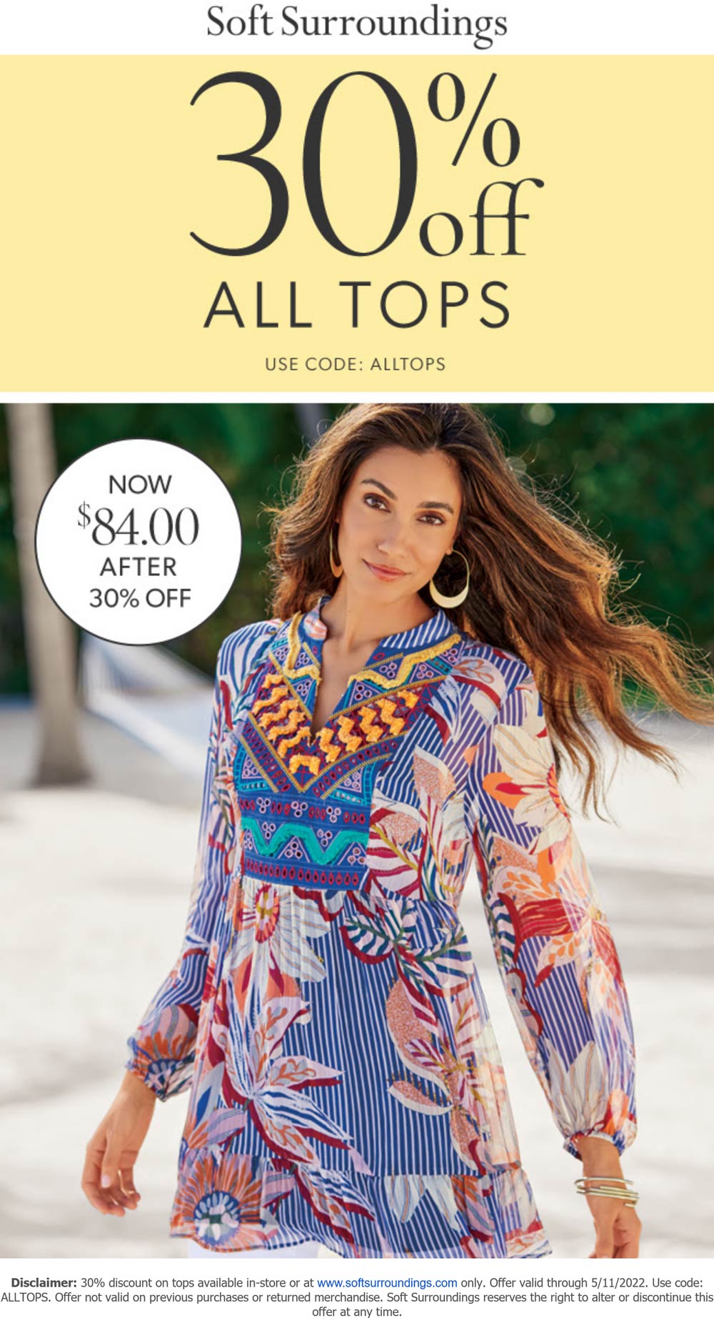 Soft Surroundings stores Coupon  30% off all tops today at Soft Surroundings, or online via promo code ALLTOPS #softsurroundings 
