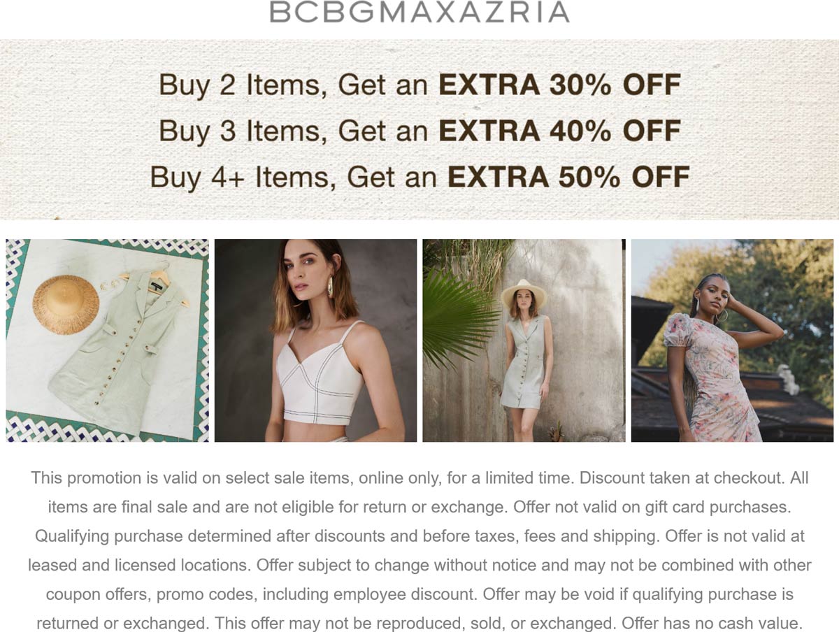 BCBGMAXAZRIA stores Coupon  Extra 30-50% off sale items online at BCBGMAXAZRIA #bcbgmaxazria 