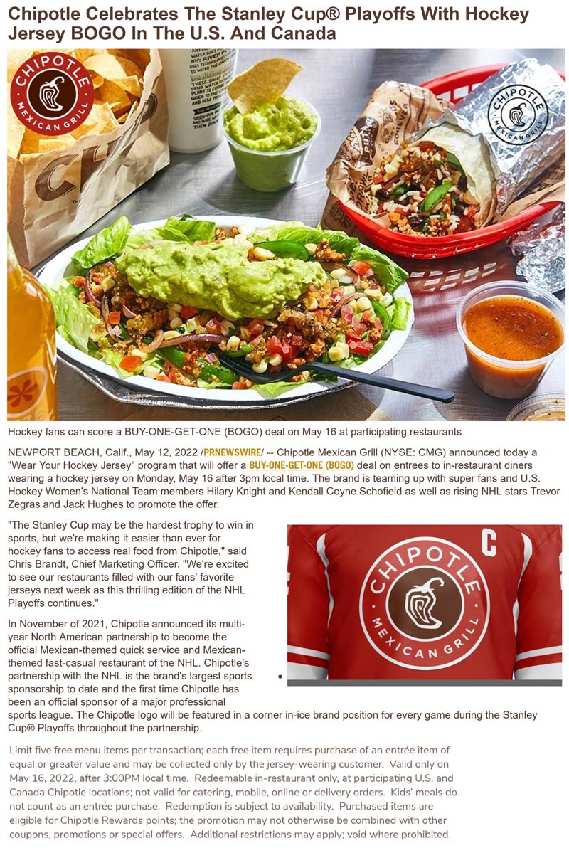 Chipotle restaurants Coupon  Hockey jerseys score a second burrito free Monday at Chipotle #chipotle 