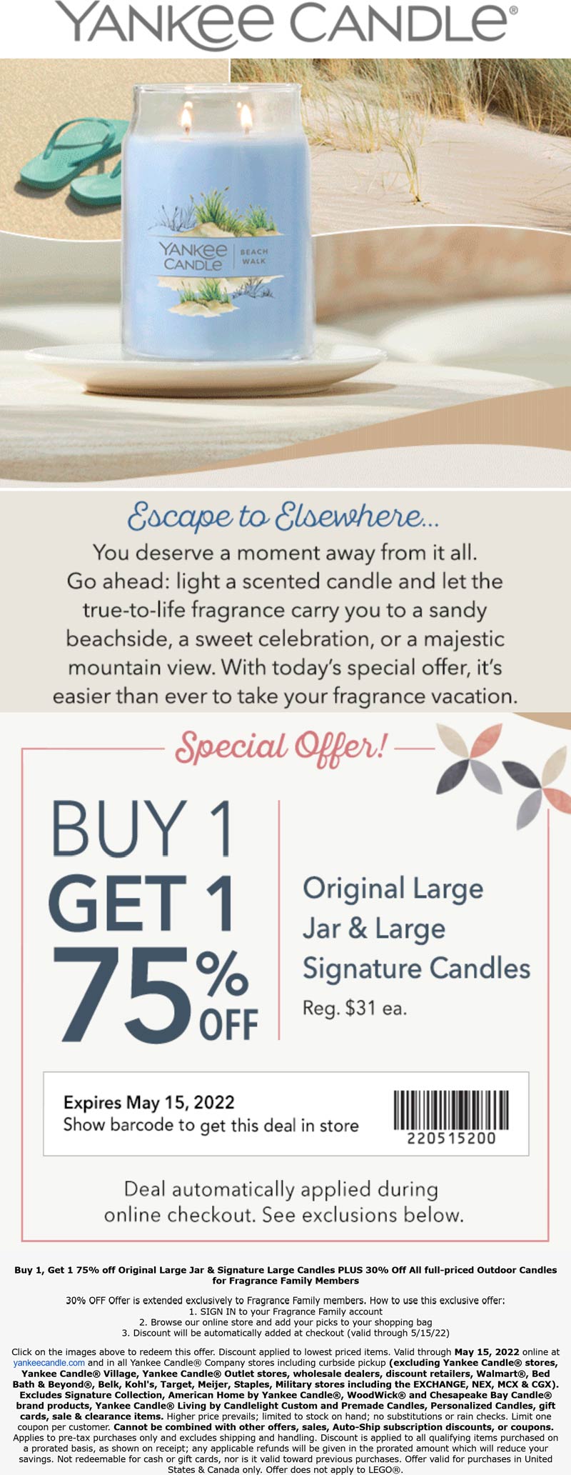 Yankee Candle stores Coupon  Second large candle 75% off at Yankee Candle, ditto online #yankeecandle 
