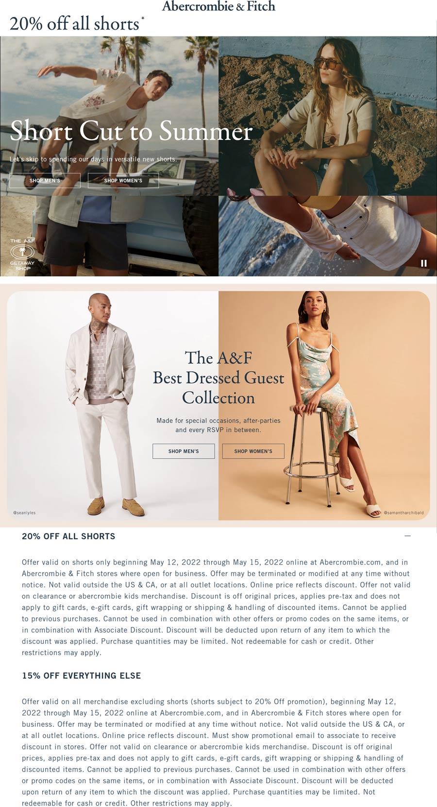 Abercrombie & Fitch stores Coupon  15% off everything & 20% off shorts at Abercrombie & Fitch, ditto online #abercrombiefitch 