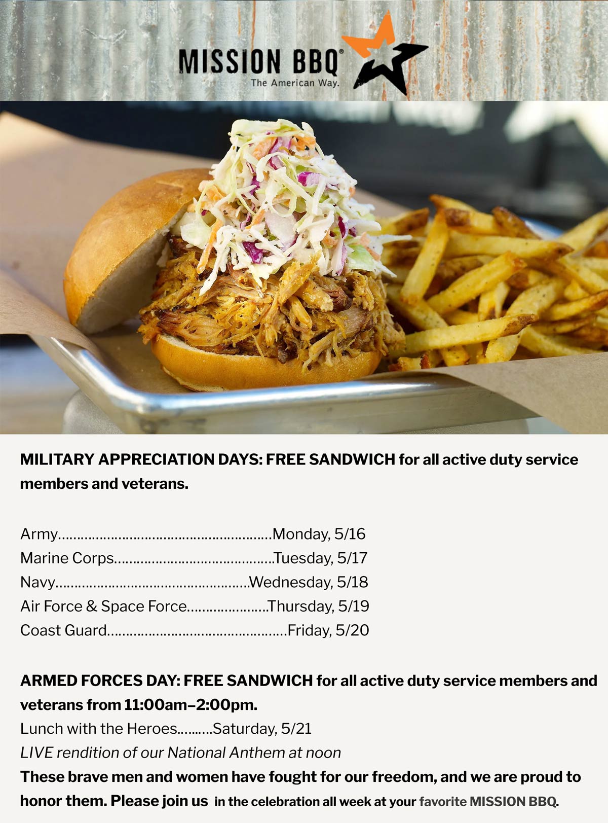 Mission BBQ restaurants Coupon  Armed forces enjoy a free sandwich at Mission BBQ #missionbbq 