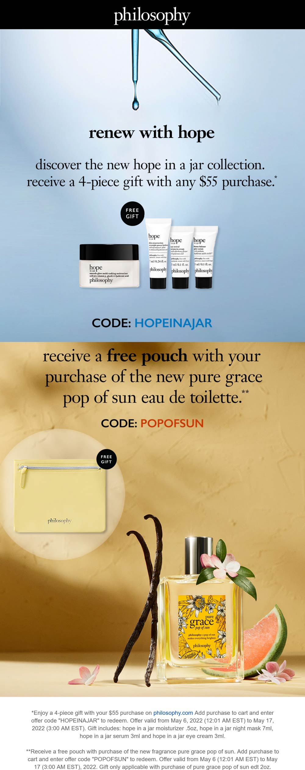 Philosophy stores Coupon  Free 4pc set on $55 & more at Philosophy via promo code HOPEINAJAR or POPOFSUN #philosophy 