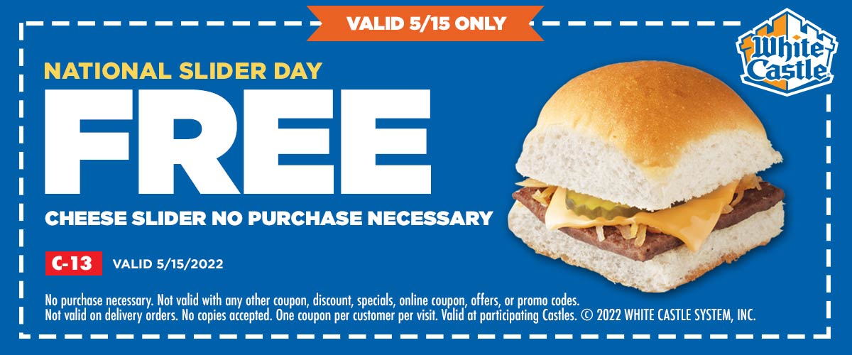 White Castle restaurants Coupon  Free cheeseburger Sunday at White Castle, no purchase necessary #whitecastle 