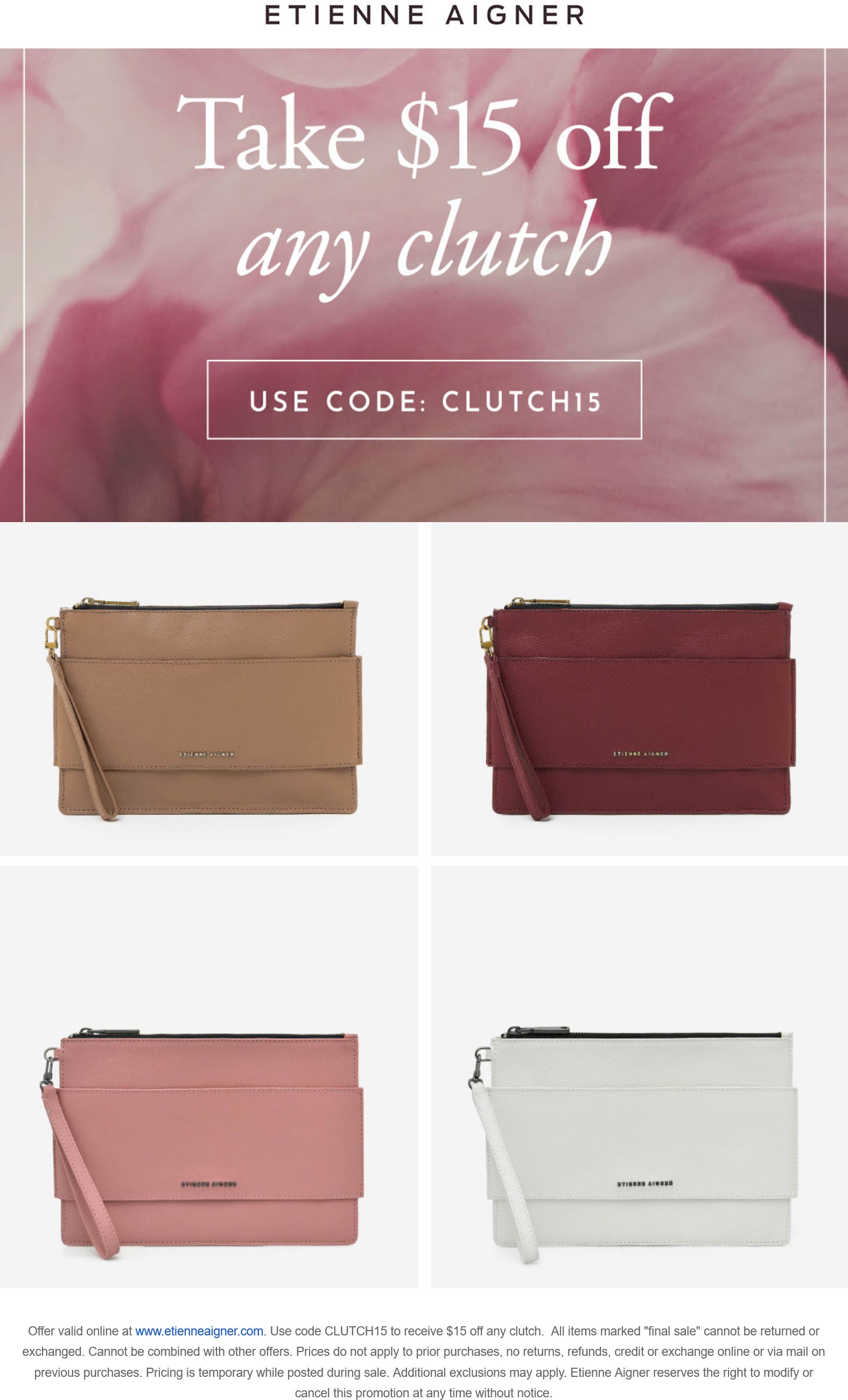Etienne Aigner stores Coupon  $15 off any clutch at Etienne Aigner via promo code CLUTCH15 #etienneaigner 