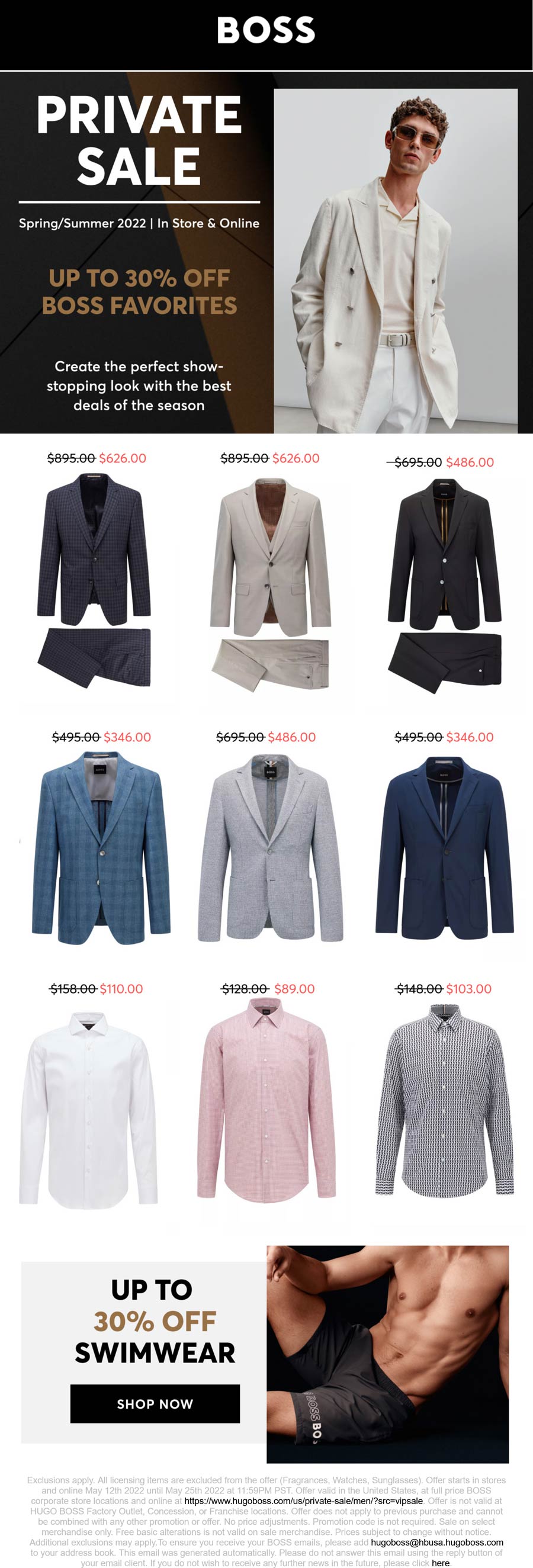 BOSS stores Coupon  30% off various suits & swimwear at BOSS, ditto online #boss 