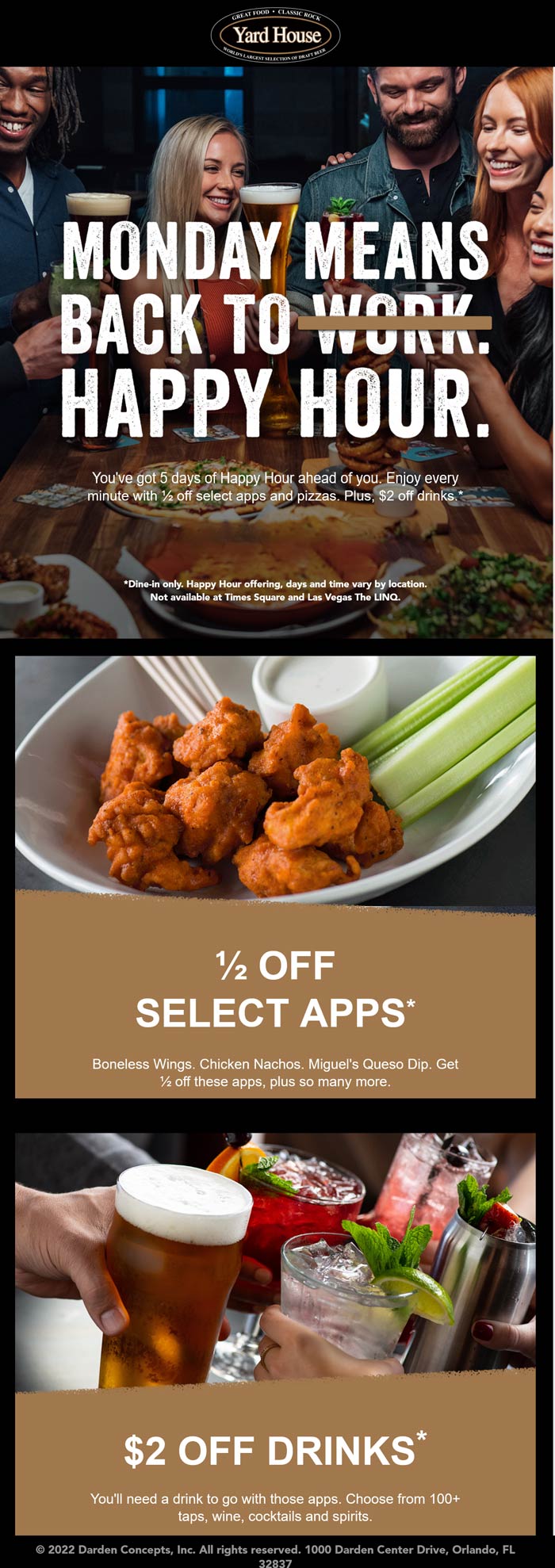 Yard House restaurants Coupon  50% off appetizers & $2 off drinks 3-6p weekdays at Yard House restaurants #yardhouse 