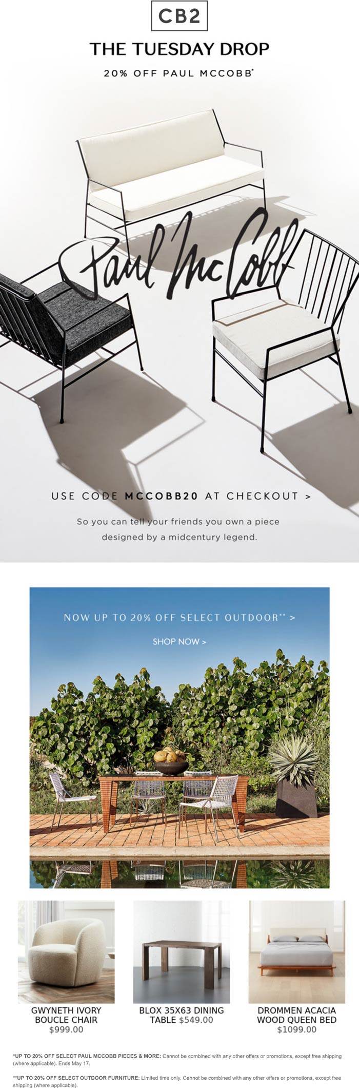 CB2 stores Coupon  20% off outdoor furniture & more today at Crate & Barrel CB2 #cb2 