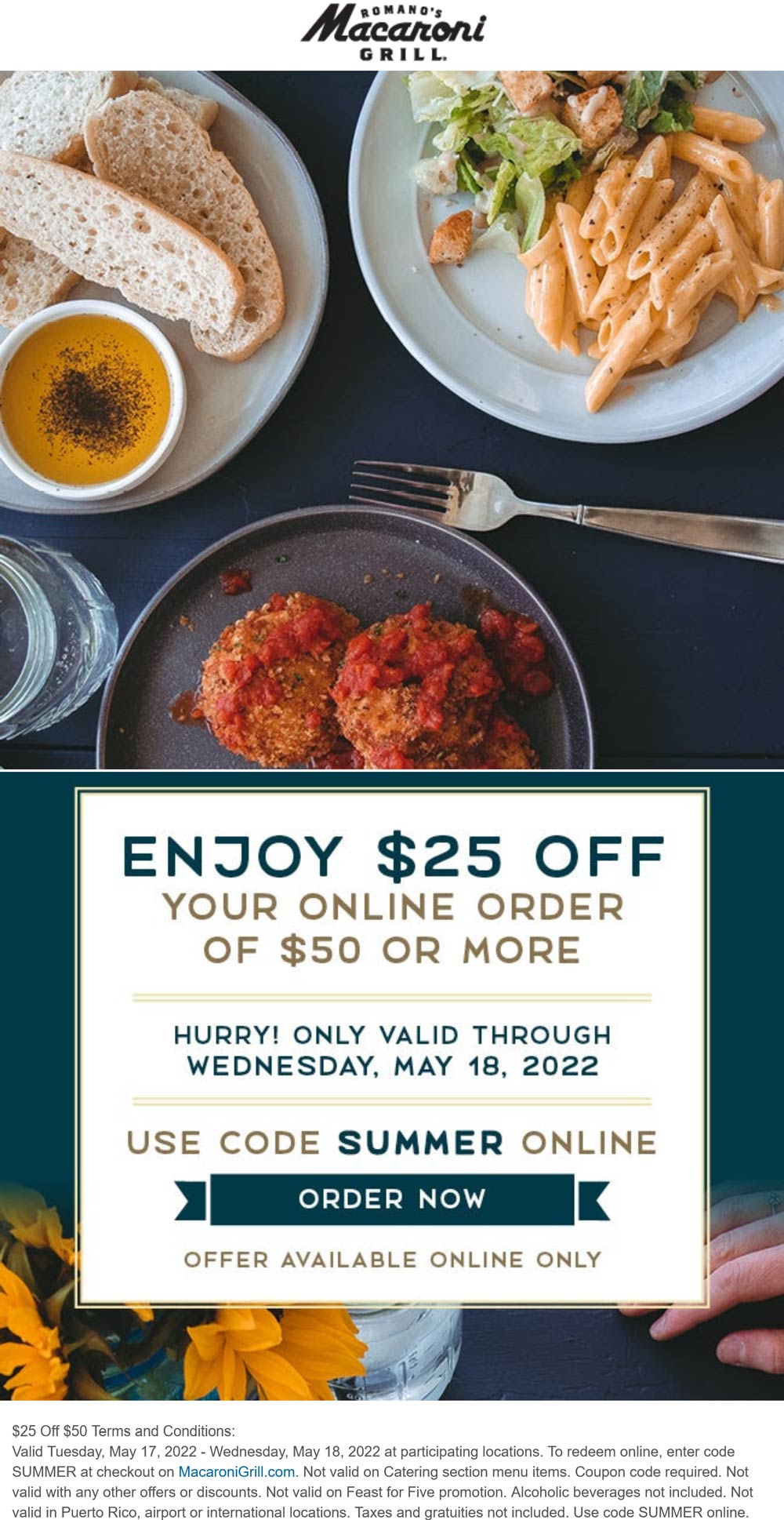 Macaroni Grill restaurants Coupon  $25 off $50 at Macaroni Grill restaurants via promo code SUMMER #macaronigrill 