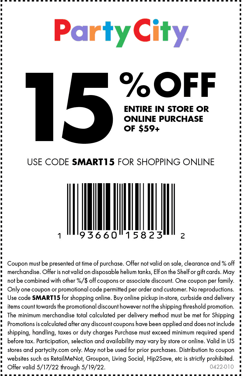 Party City stores Coupon  15% off $59 at Party City, or online via promo code SMART15 #partycity 