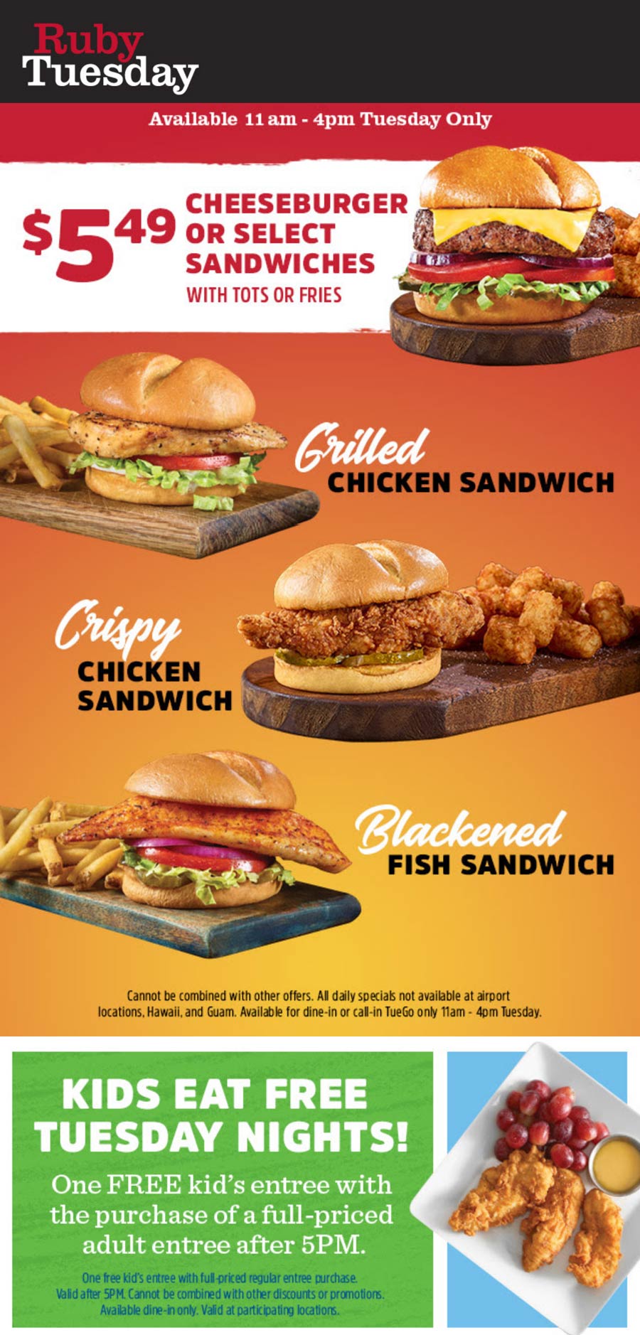Ruby Tuesday restaurants Coupon  Cheeseburger or grilled chicken sandwich + fries = $5.49 today at Ruby Tuesday #rubytuesday 