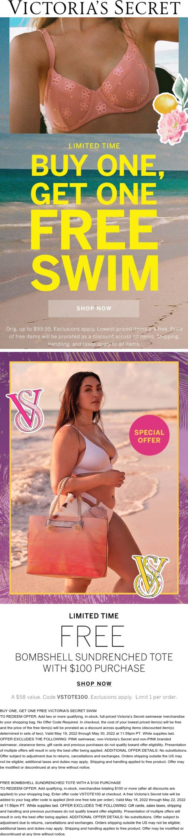 Victorias Secret stores Coupon  Second swim free + free tote on $100 at Victorias Secret via promo code VSTOTE100 #victoriassecret 