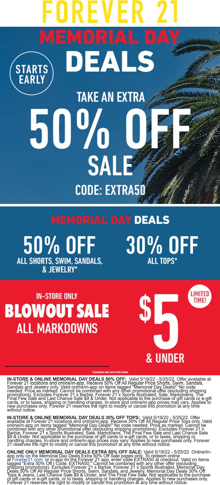 Forever 21 stores Coupon  50% off sale items at Forever 21, or online via promo code EXTRA50 #forever21 