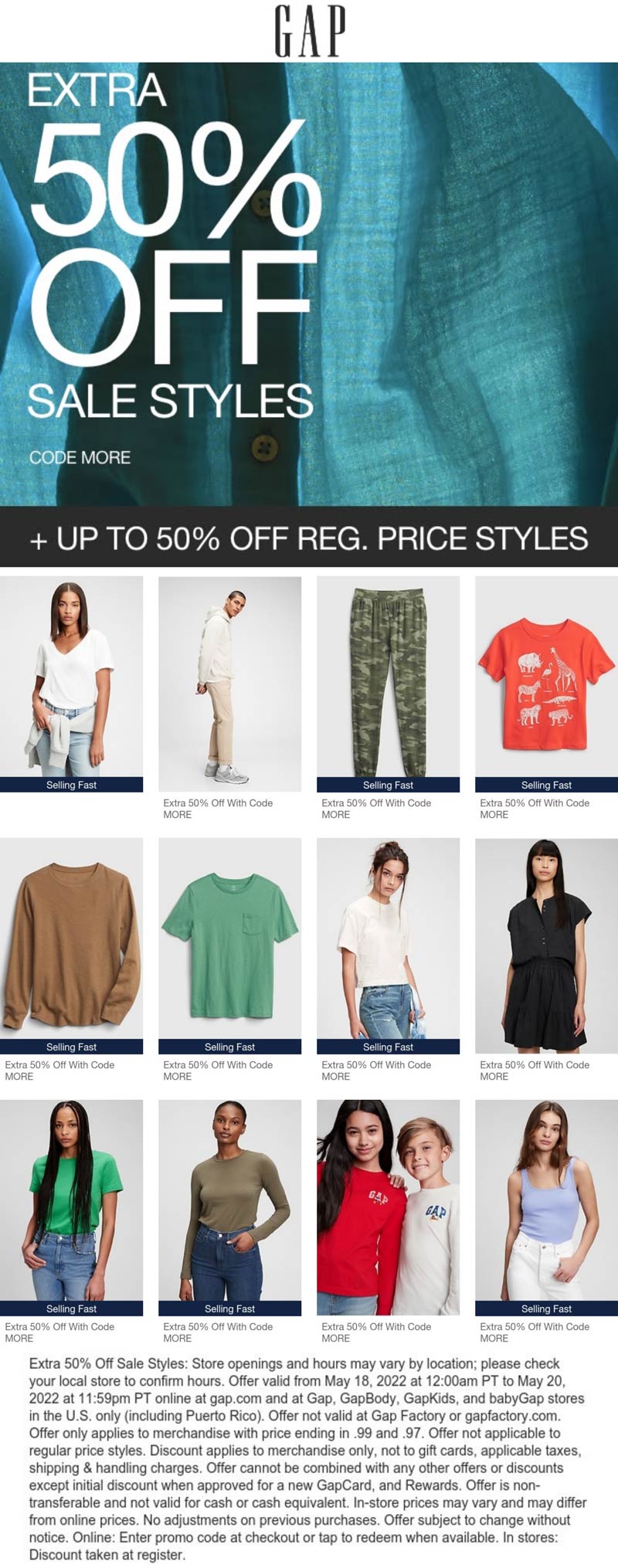 Gap stores Coupon  Extra 50% off sale styles today at Gap, or online via promo code MORE #gap 