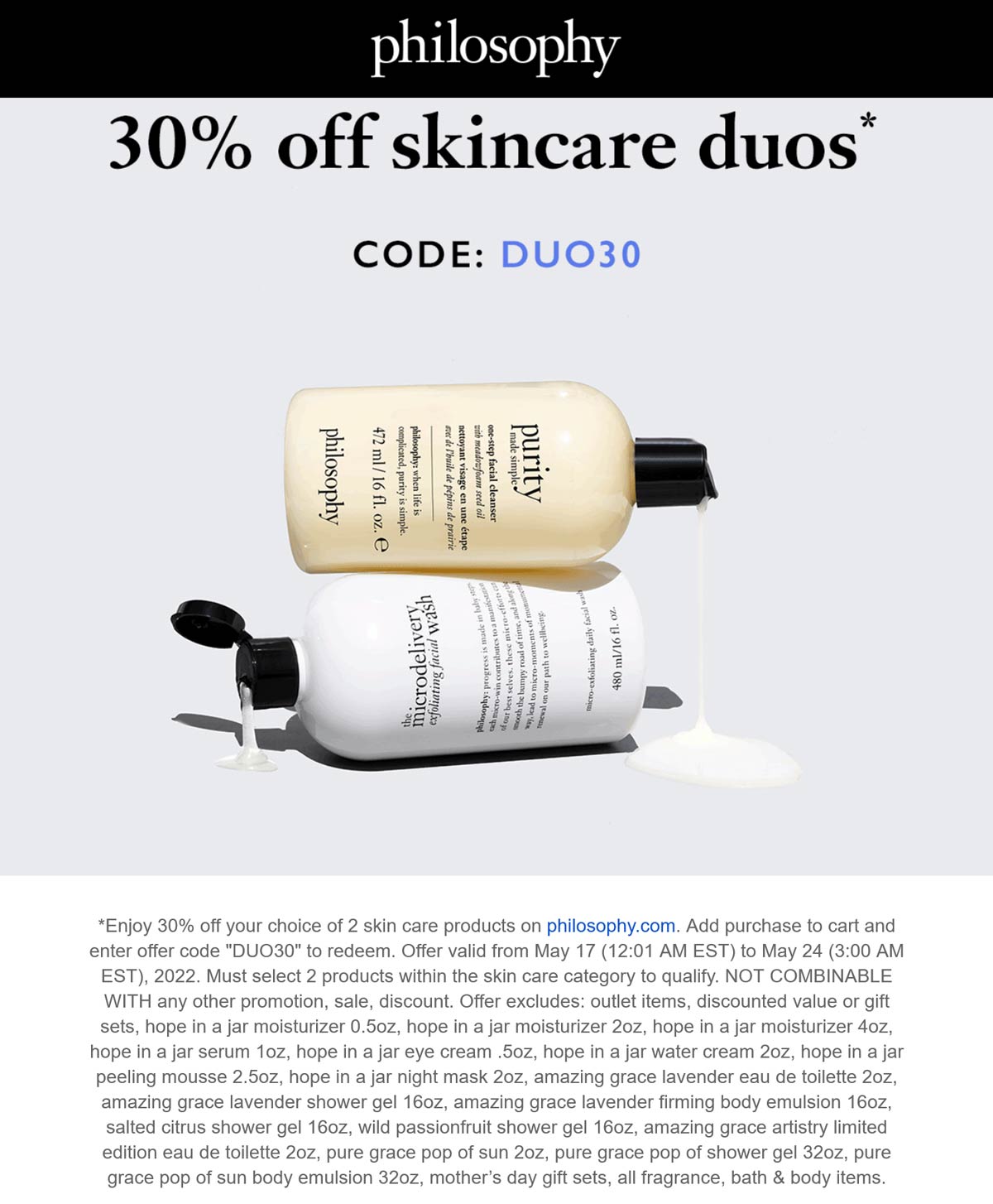Philosophy stores Coupon  30% off 2 skin care products at Philosophy via promo code DUO30 #philosophy 