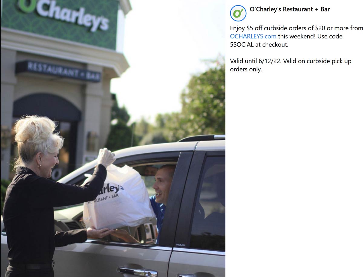 OCharleys restaurants Coupon  $5 off $20 at OCharleys restaurant via promo code 5SOCIAL #ocharleys 