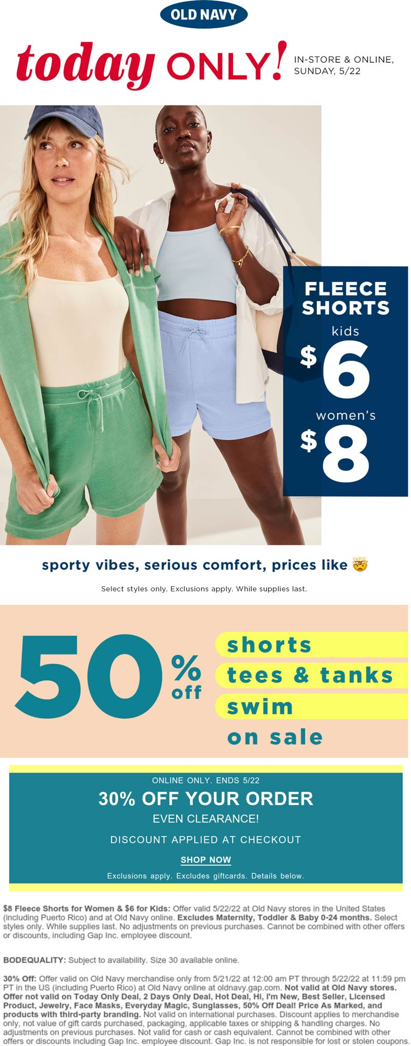 Old Navy stores Coupon  $8 fleece shorts + 30% off online today at Old Navy #oldnavy 