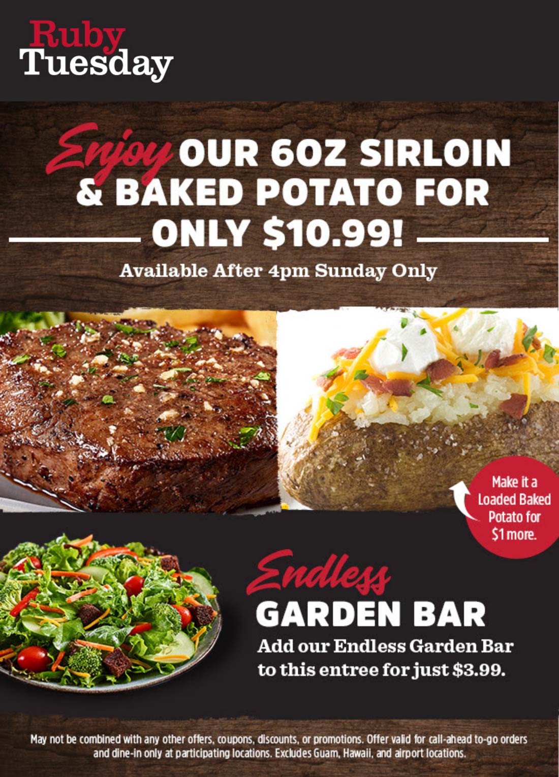 Ruby Tuesday restaurants Coupon  Sirloin steak + baked potato for $11 after 4p today at Ruby Tuesday restaurants #rubytuesday 