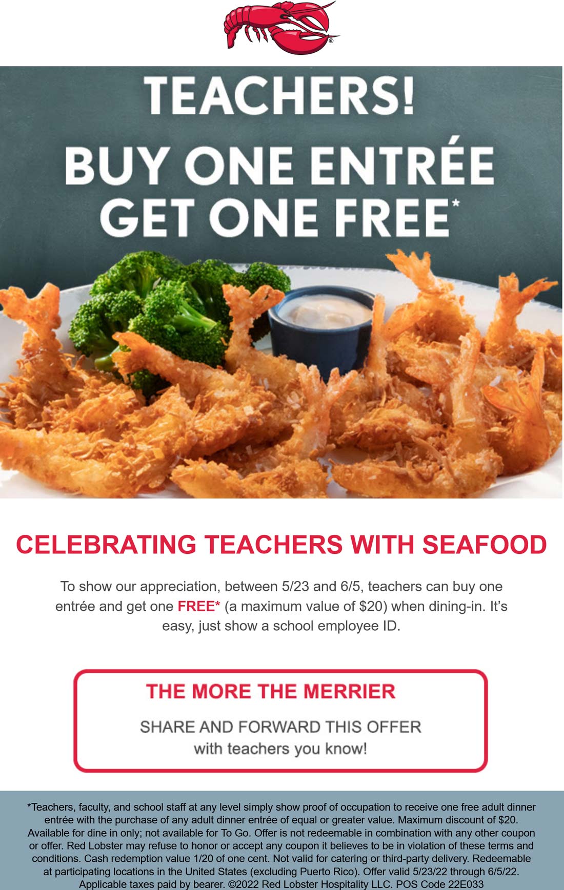 Red Lobster restaurants Coupon  Teachers enjoy a second entree free at Red Lobster #redlobster 