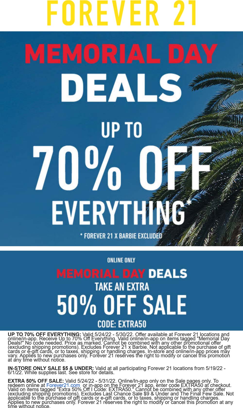 Forever 21 stores Coupon  Extra 50% off sale items at Forever 21 via promo code EXTRA50 #forever21 