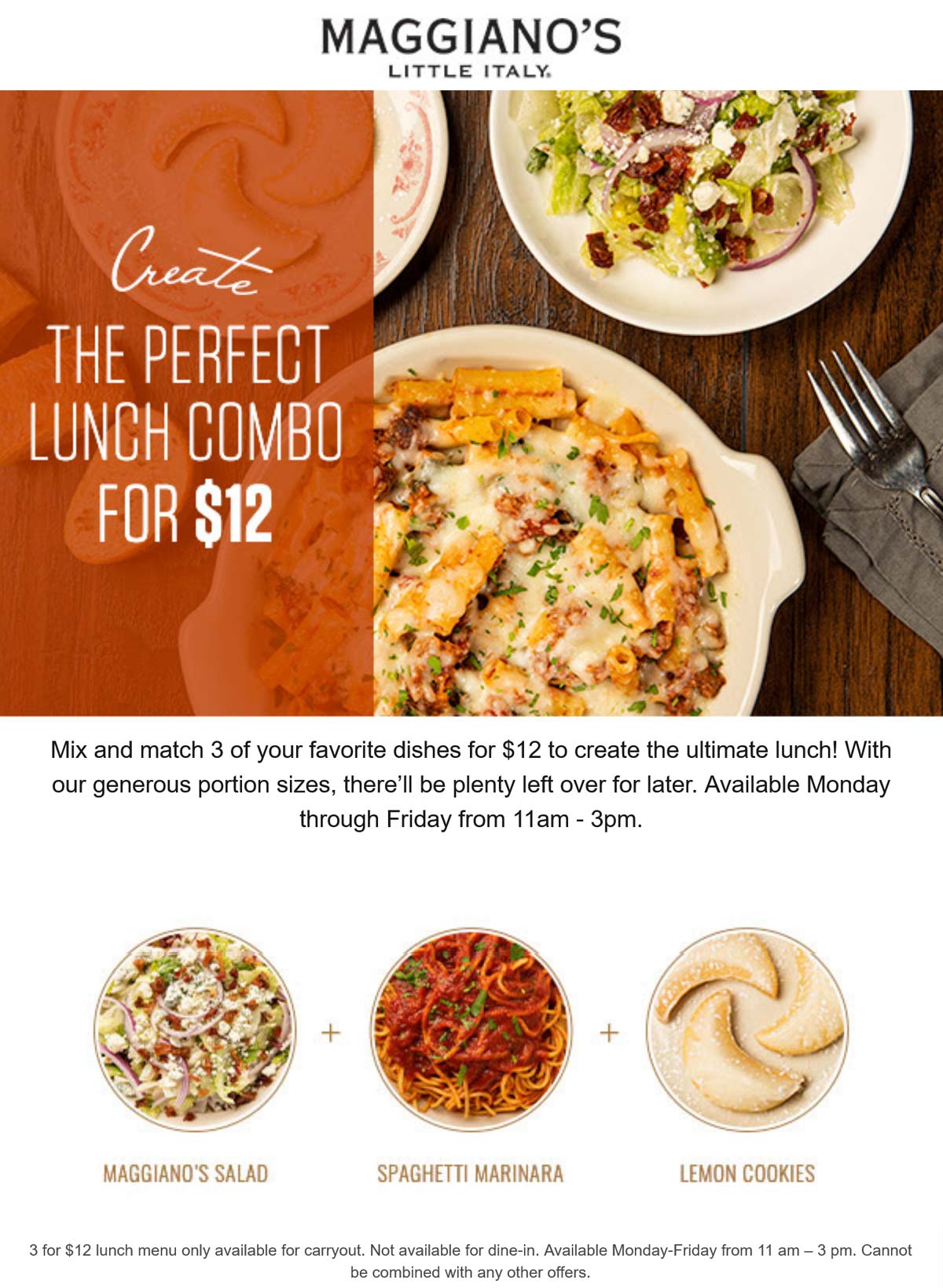 Maggianos Little Italy restaurants Coupon  Mix & match 3 lunch dishes for $12 weekdays at Maggianos Little Italy #maggianoslittleitaly 