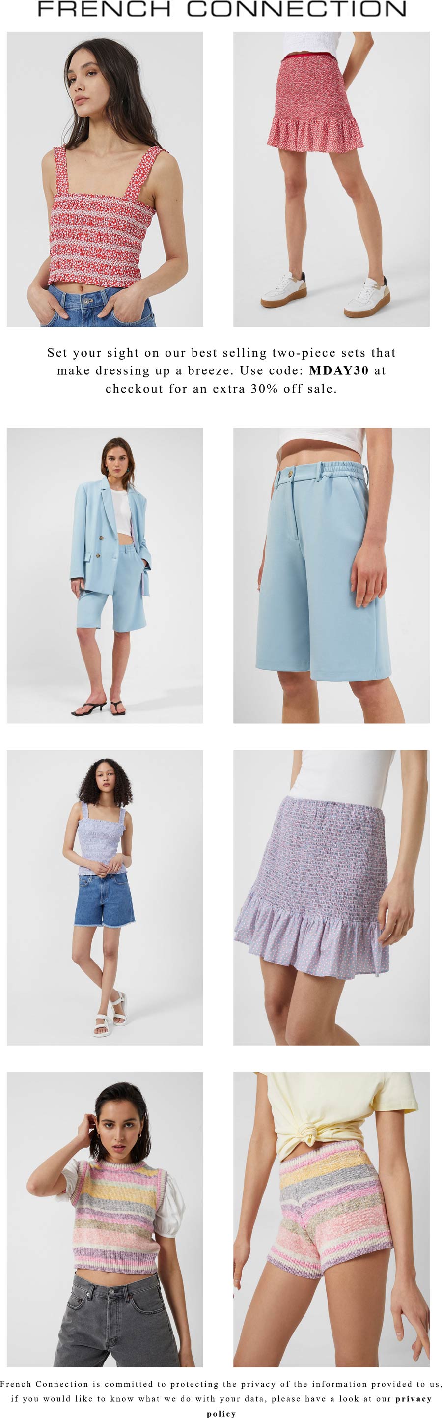 French Connection stores Coupon  Extra 30% off sale items at French Connection via promo code MDAY30 #frenchconnection 