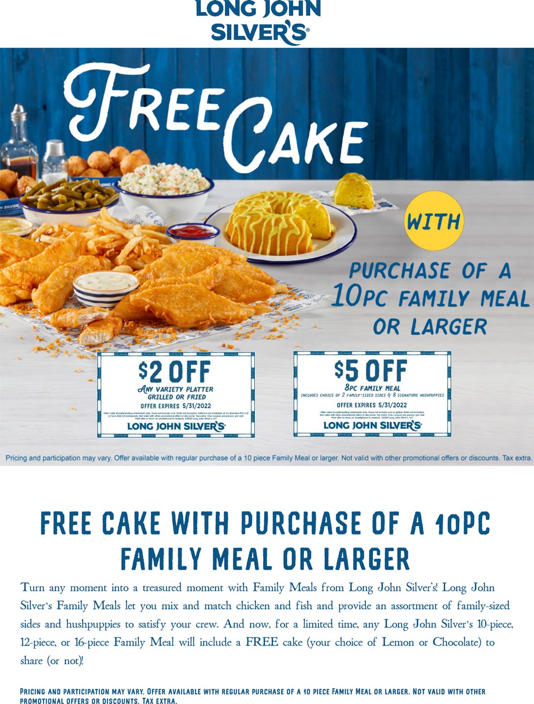 Long John Silvers restaurants Coupon  $2 off platter, $5 off 8pc meal & free whole cake with 10pc+ at Long John Silvers restaurants #longjohnsilvers 