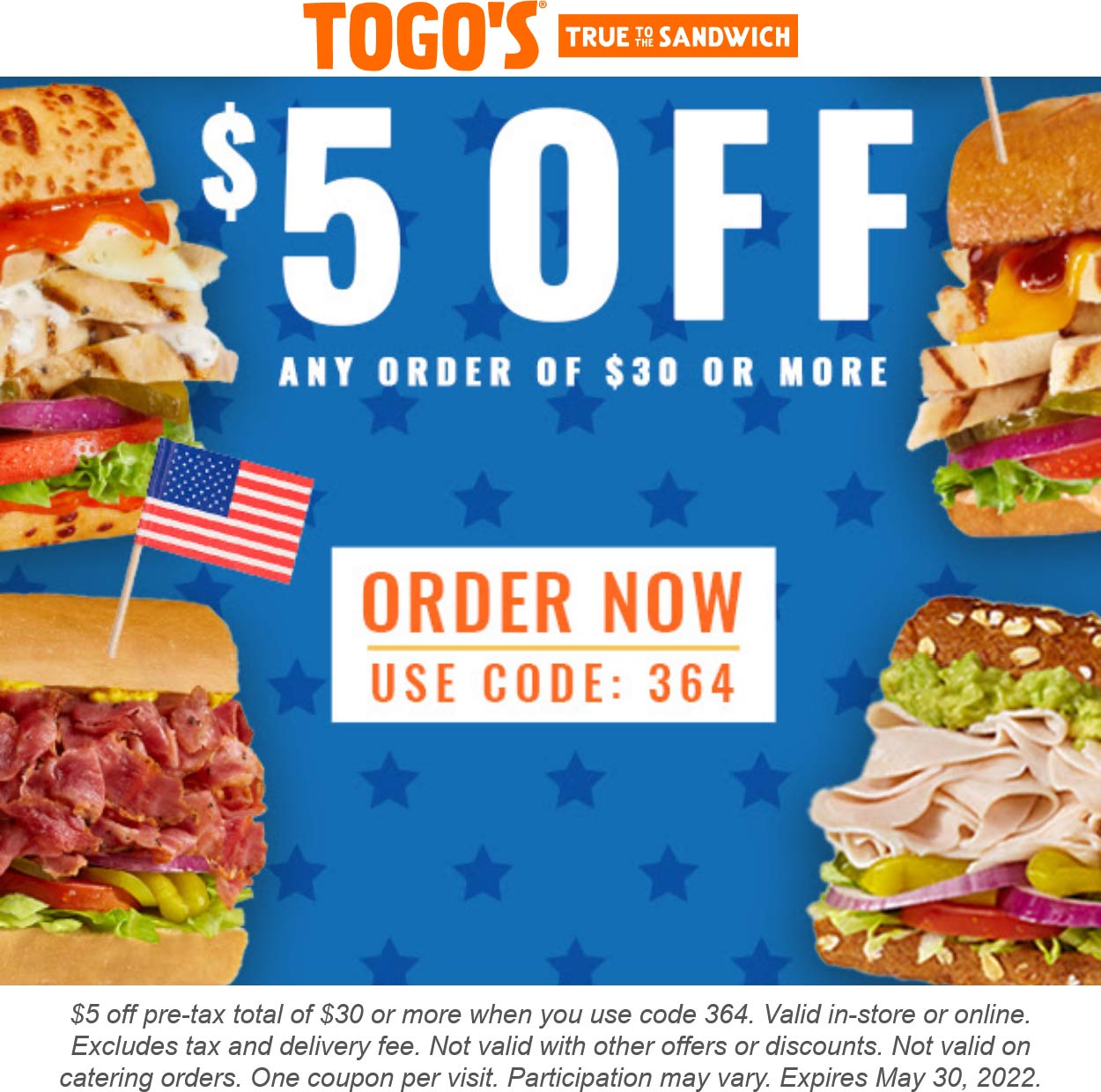 Togos restaurants Coupon  $5 off $30 at Togos True to the Sandwich via promo code 364 #togos 