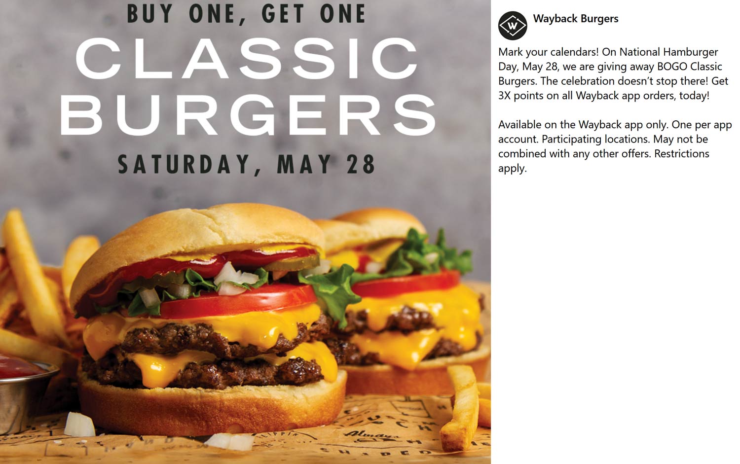 Wayback Burgers restaurants Coupon  Second classic cheeseburger free Saturday at Wayback Burgers #waybackburgers 