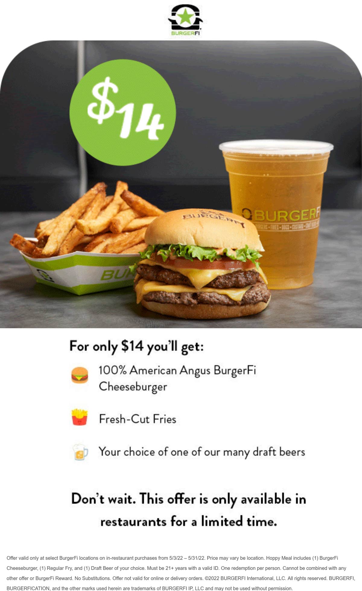 BurgerFi restaurants Coupon  Double cheeseburger + fries + beer = $14 at BurgerFi #burgerfi 