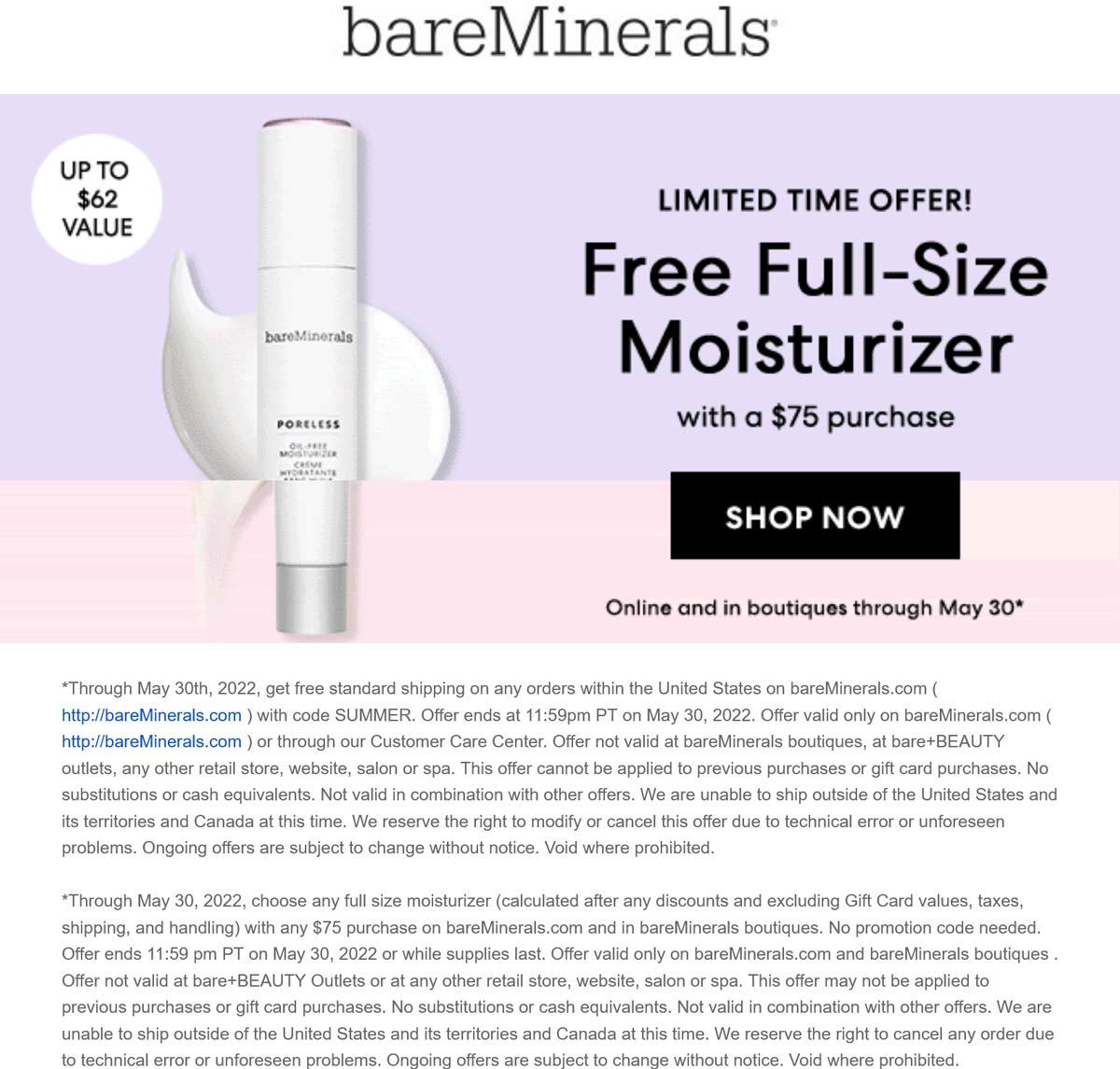 bareMinerals stores Coupon  Free full size moisturizer on $75 today at bareMinerals, ditto online #bareminerals 