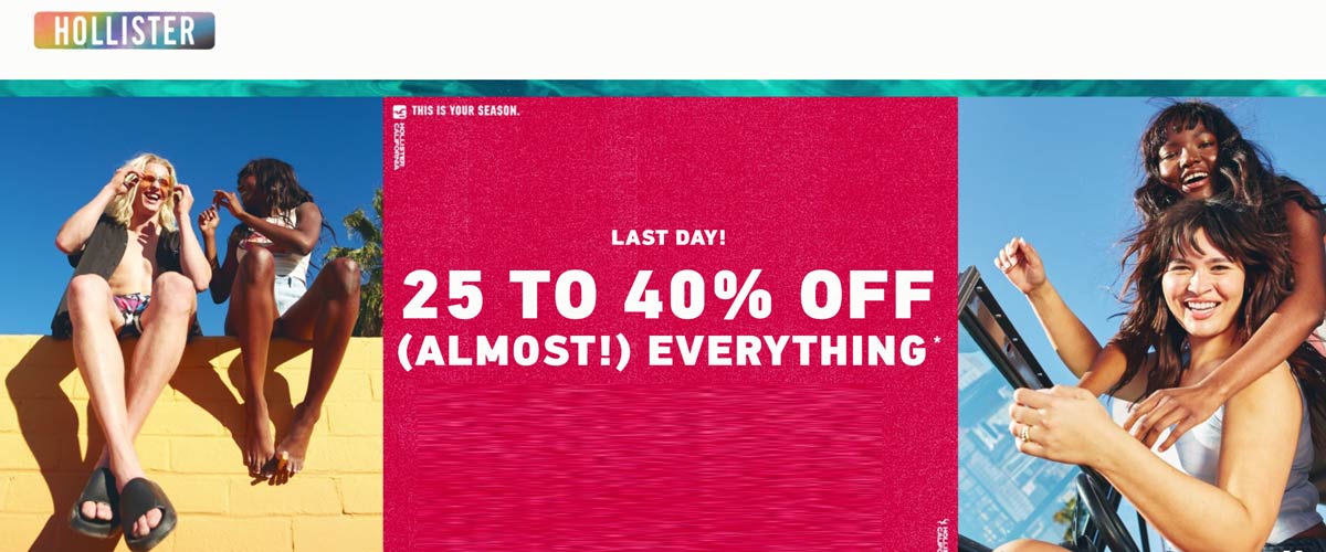 Hollister stores Coupon  25-40% off everything today at Hollister #hollister 
