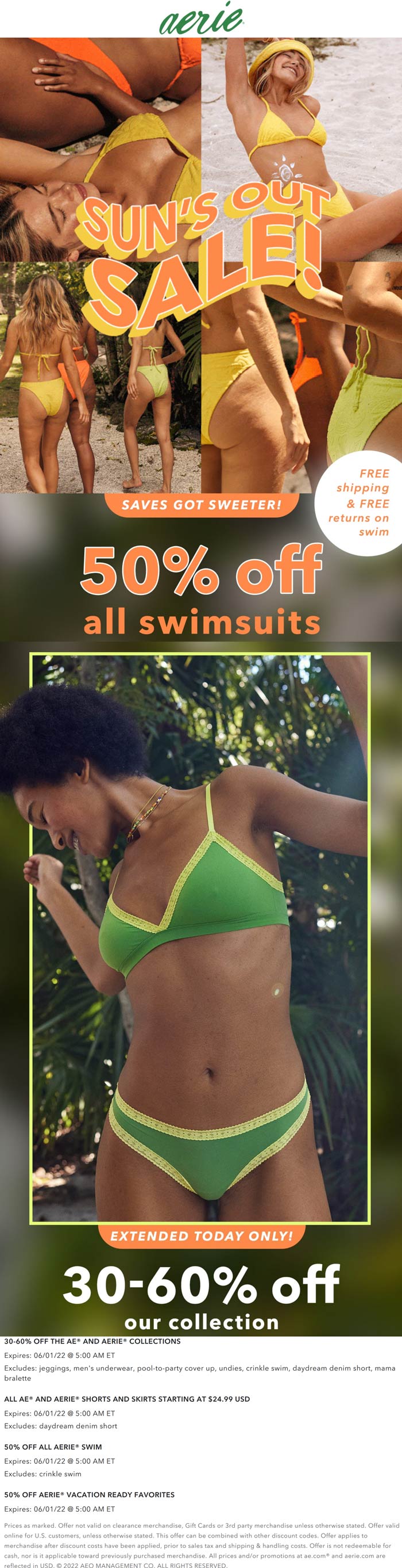 Aerie stores Coupon  50% off all swimsuits & 30-60% off lhe collection today at Aerie #aerie 