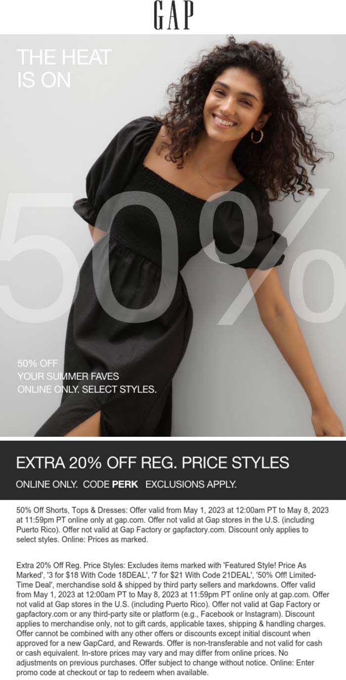 Gap stores Coupon  50-70% off shorts tops & dresses online at Gap via promo code PERK #gap 