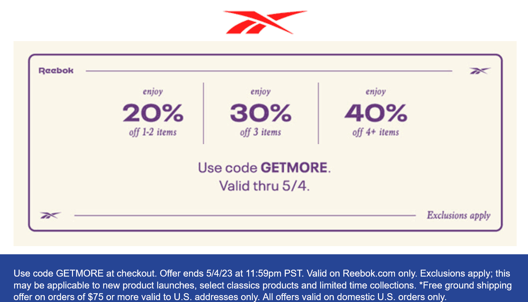 Reebok stores Coupon  20-40% off online at Reebok via promo code GETMORE #reebok 