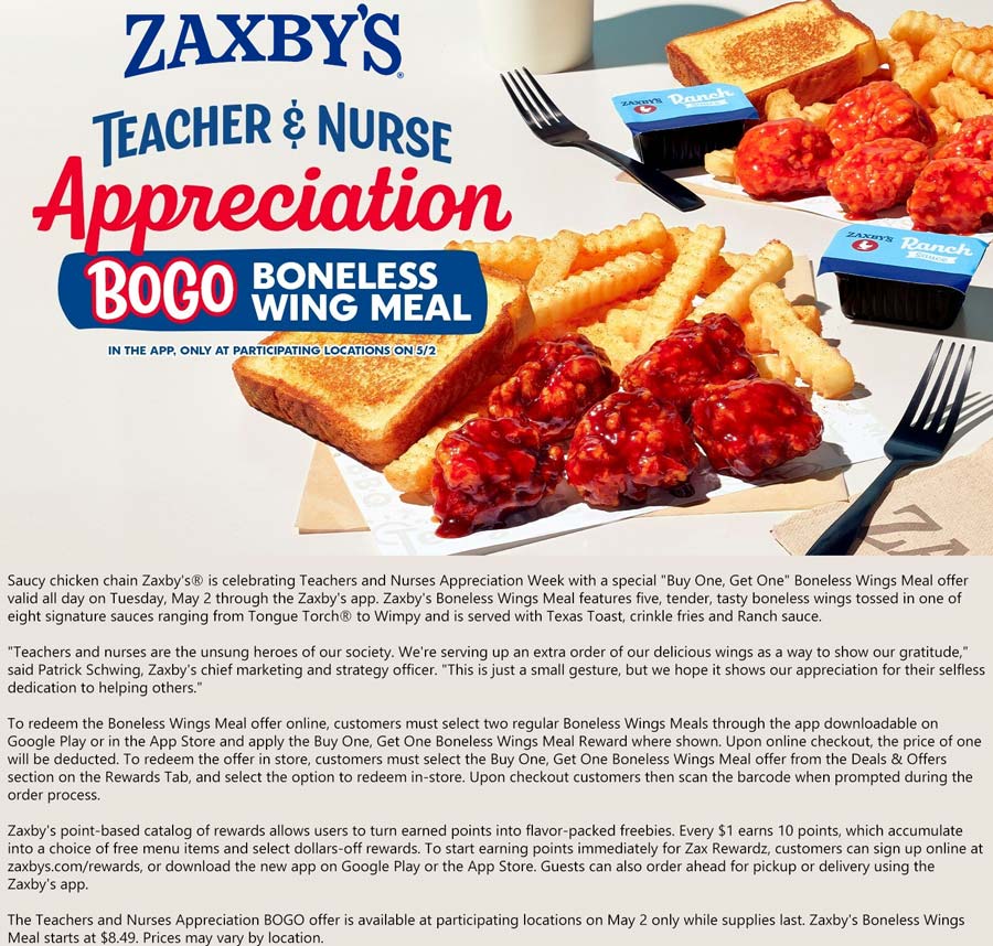 Zaxbys restaurants Coupon  Second boneless wing meal free for all today at Zaxbys, not just teachers #zaxbys 
