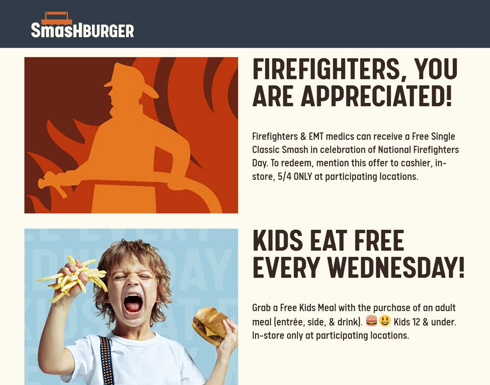 Smashburger restaurants Coupon  Firefighters & EMT medics enjoy a free cheeseburger Thursday at Smashburger #smashburger 