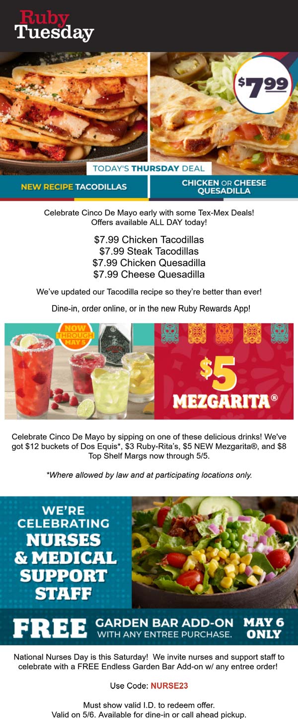 Ruby Tuesday restaurants Coupon  Nurses enjoy free garden bar with your entree Saturday at Ruby Tuesday #rubytuesday 