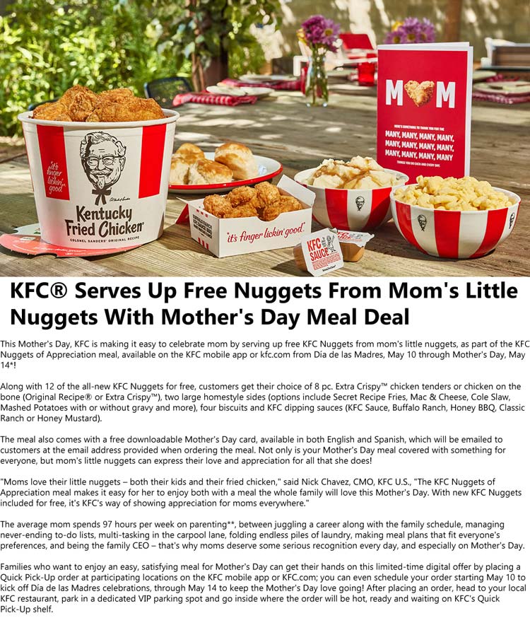 KFC restaurants Coupon  Free 12pc chicken nuggets with mothers day meal online at KFC #kfc 