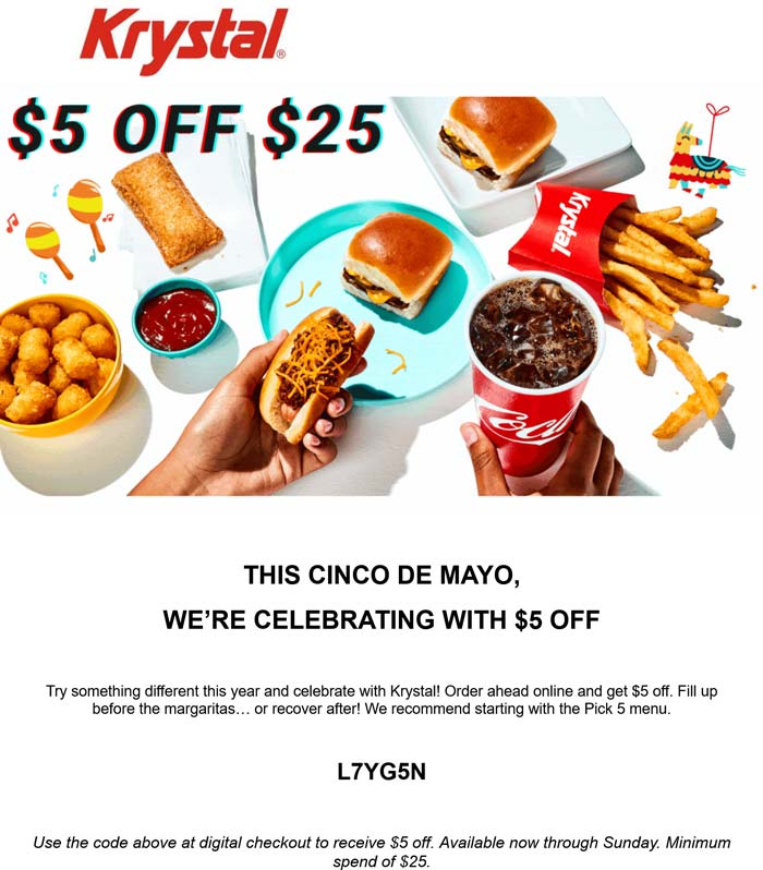 Krystal restaurants Coupon  $5 off $25 today at Krystal restaurants via promo code L7YG5N #krystal 