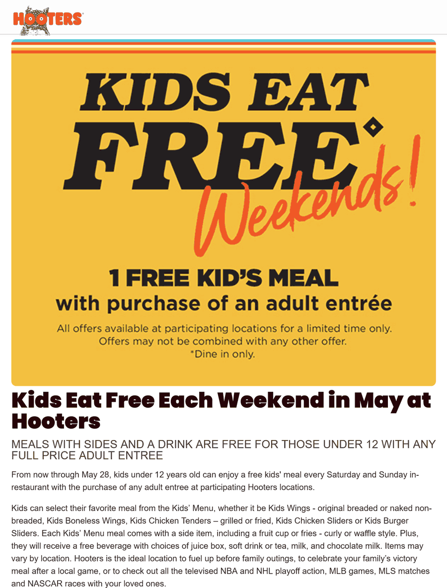 Hooters restaurants Coupon  Kids eat free with your entree weekends at Hooters #hooters 
