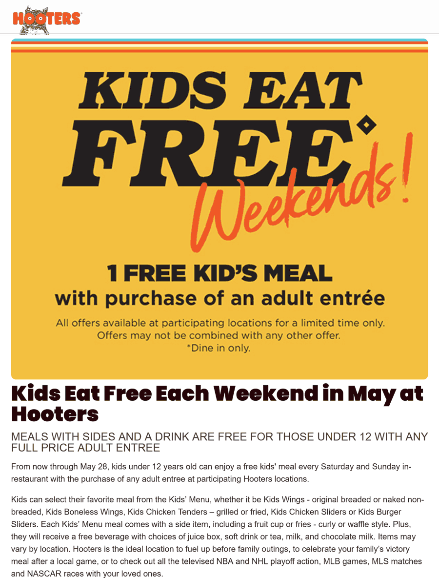 Kids Eat Free With Your Entree Weekends At Hooters hooters The 