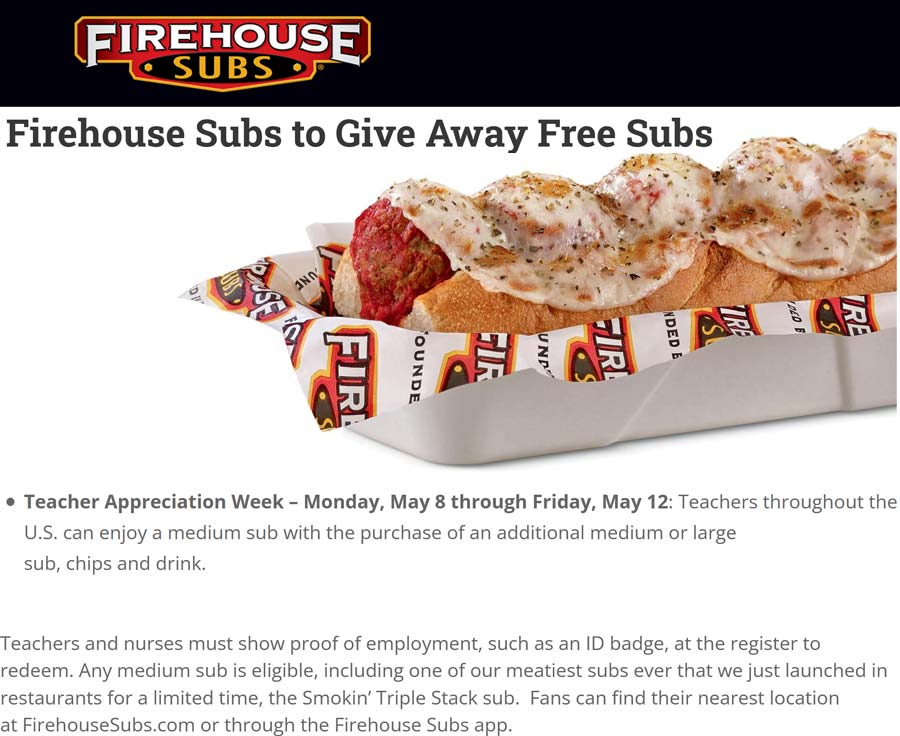 Firehouse Subs restaurants Coupon  Teachers enjoy a second sub sandwich free all week at Firehouse Subs #firehousesubs 