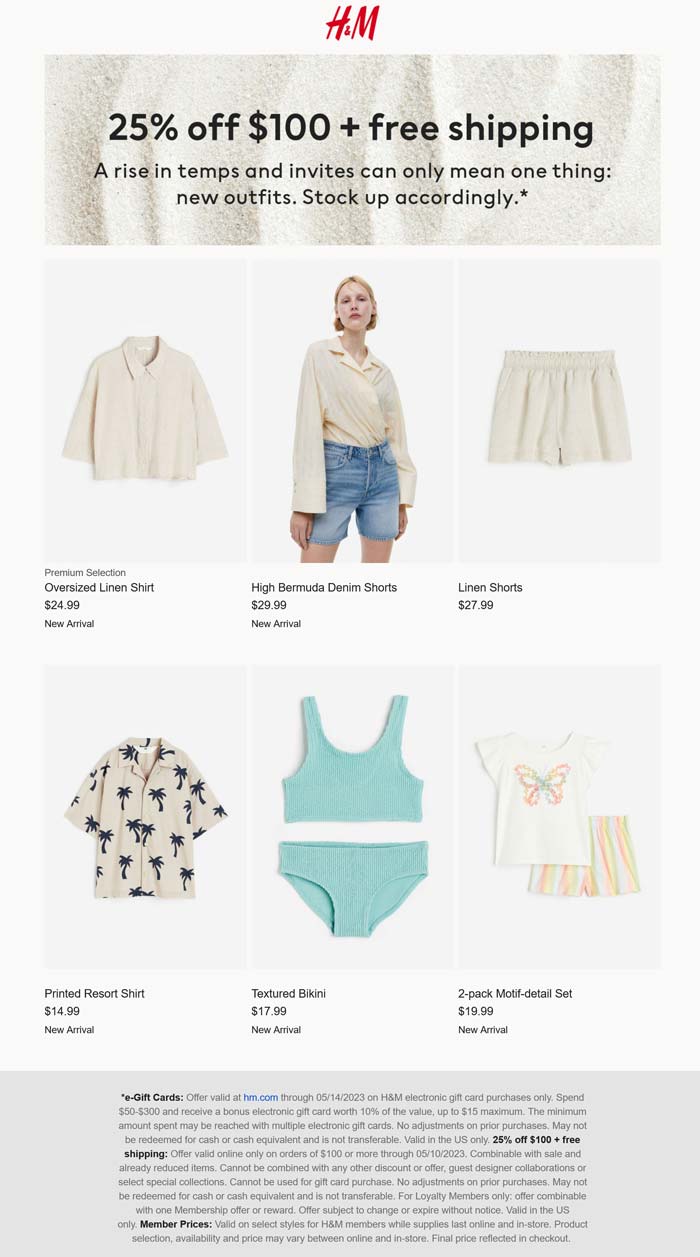 H&M stores Coupon  25% off $100 online today at H&M #hm 