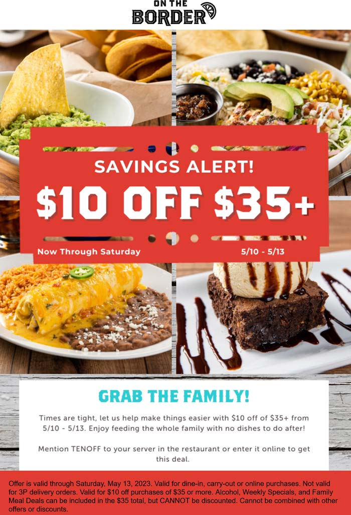 On The Border restaurants Coupon  $10 off $35 at On The Border restaurants #ontheborder 