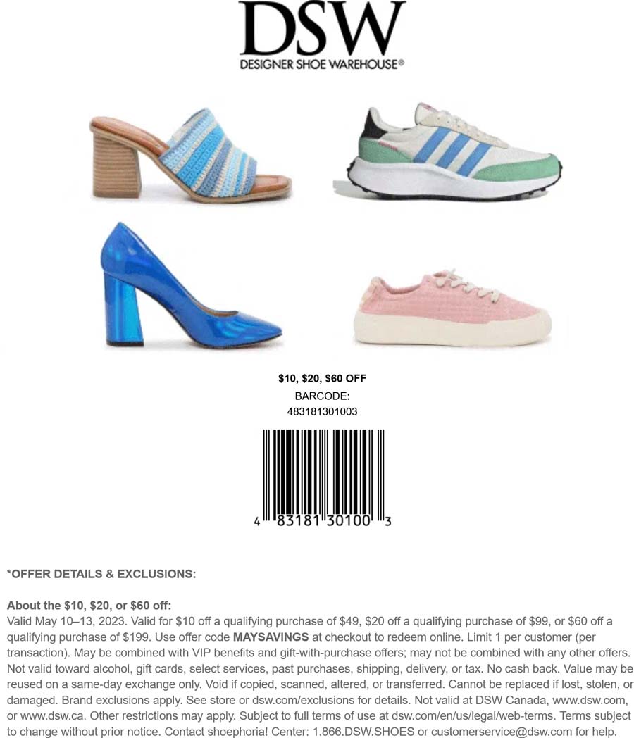 DSW stores Coupon  $10-$60 off $49+ at DSW shoes, or online via promo code MAYSAVINGS #dsw 